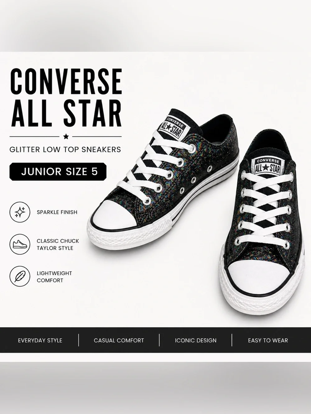 Converse All Star Glitter Low Top Sneakers | Black Multi Sparkle Junior Size 5